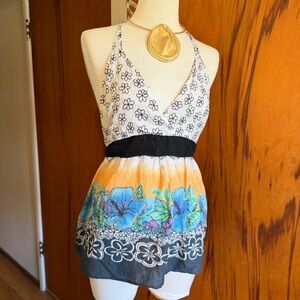 Floral Halter Tie-Back Cotton Tank Top in White, Black and Blue